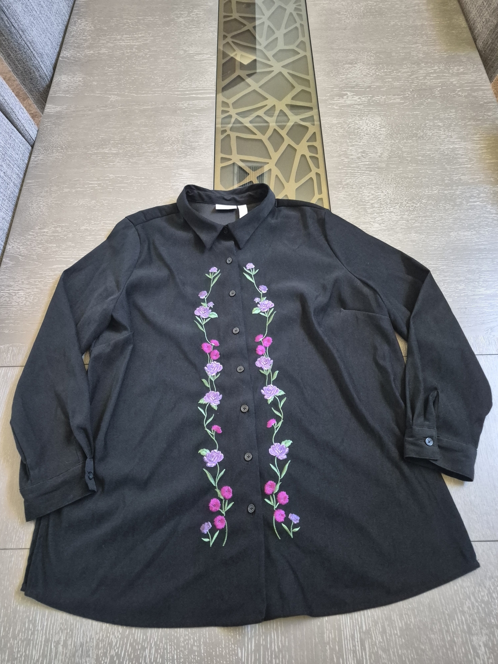 Black Button-Down Shirt with Pink & Purple Floral Embroidery